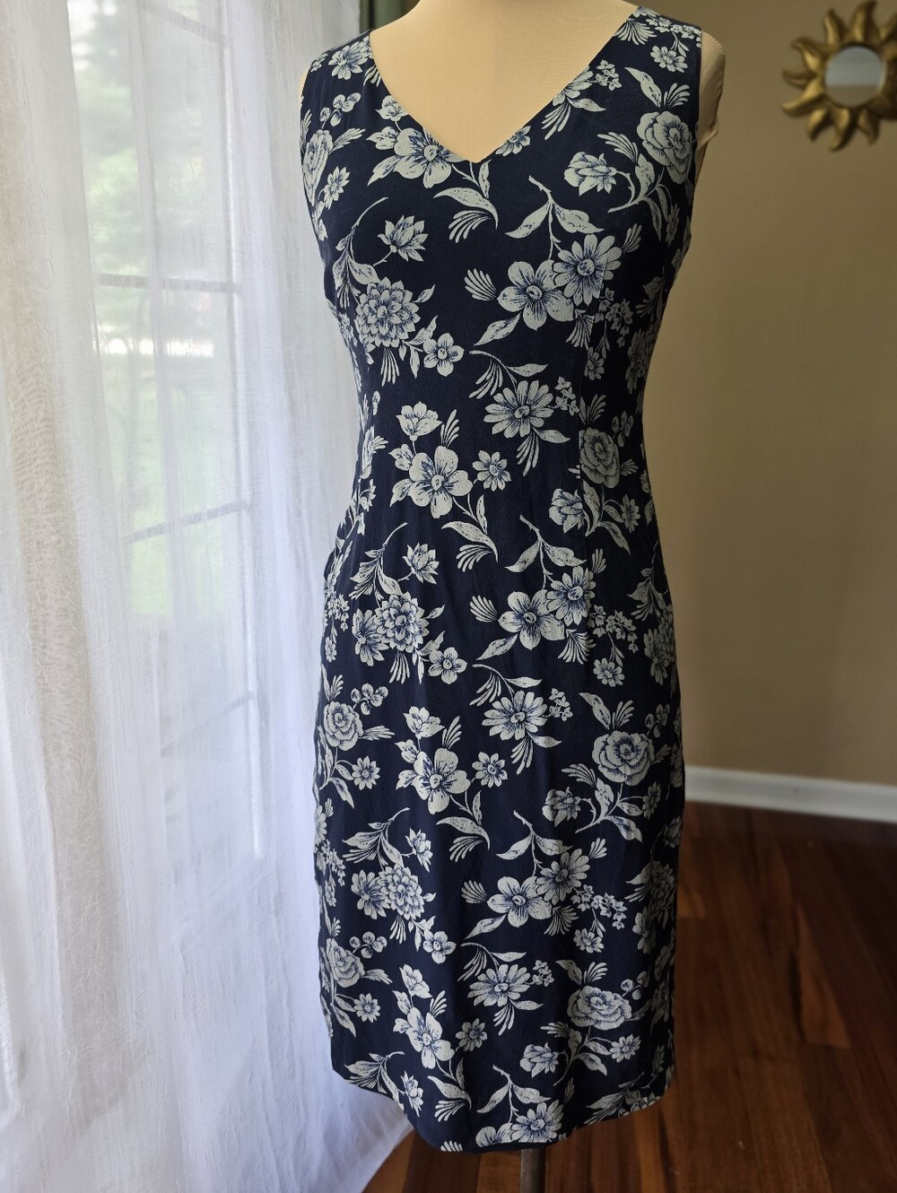 Vintage Ralph Lauren 100% Silk Navy White Floral Sheath Dress Womens 4 Botanical